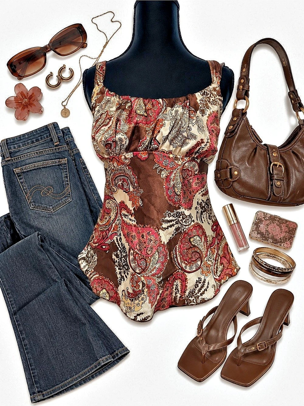 Y2K Paisley Cami Top Womens Medium Brown Pink Satin Boho 2000s Fairy Grunge
